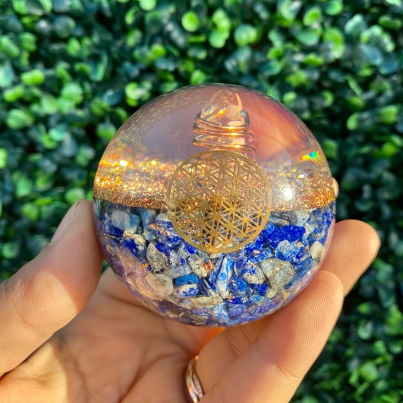 Orgonite Crystal Lapis Lazuli Sphere Decor Alter Chakra Gold Handmade Gemstone - Picture 2 of 3